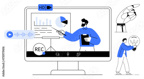 Man presenting chart on screen during video lecture, tech hand gesture, microphone, recording, and lightbulb idea. Ideal for education, teamwork, technology, communication creativity innovation