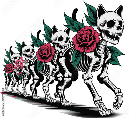 Walking Cat Skeletons with Roses, Traditional Tattoo Style Dark Art Vector Illustration.