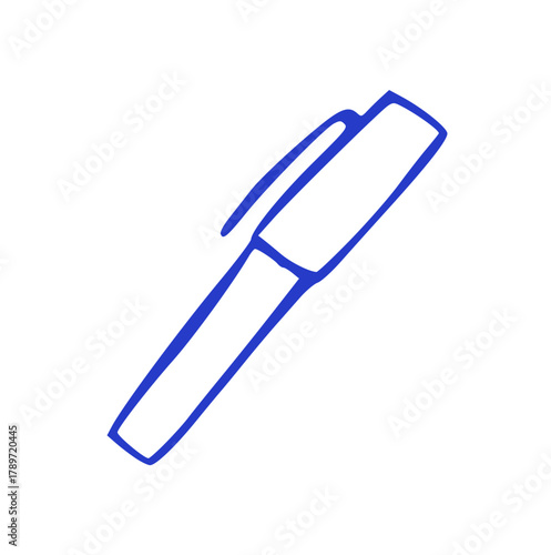 hand-drawn blue marker pen icon with thick outline and cap, representing writing, drawing, creativity, and office supplies.