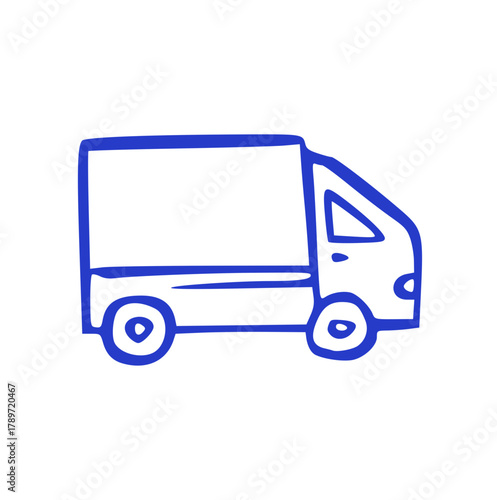 hand-drawn blue delivery truck icon with thick outline, representing transportation, logistics, shipping, commerce, and speedy delivery service.