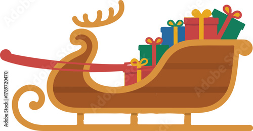 Vector illustration of a festive brown reindeer pulled sleigh filled with multiple colorful presents for holiday celebrations.