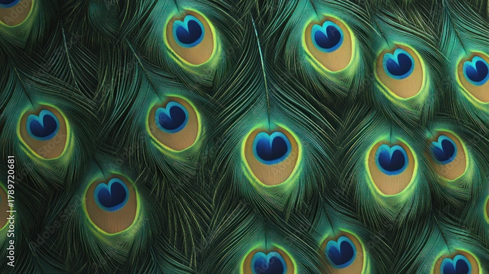Obraz premium Peacock Feather Texture. Close-Up Peacock Feathers. Colorful Peacock Pattern. Vibrant Peacock Plumage Texture. Detailed Peacock Feather. Peacock Feather Surface. Colorful Peacock Feathers Close up.