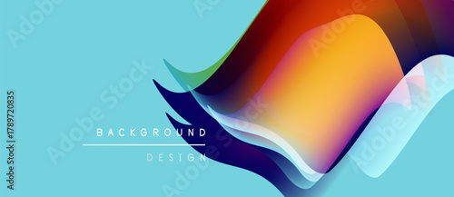 Abstract fluid shapes overlap, creating vibrant color gradients. Blue background complements orange, purple hues. Modern design element.