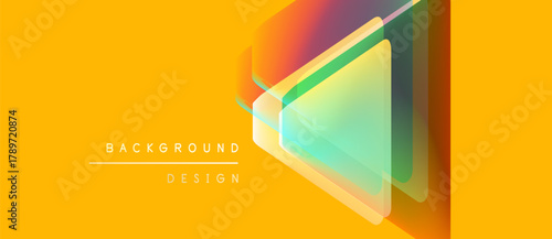 Bright yellow backdrop features overlapping translucent triangles. Gradient colors blend, creating modern visual effect. Text reads background design.