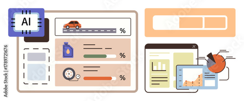 Digital interface with AI chip, vehicle stats, fuel levels, system performance bar, and pie chart. Ideal for automation, technology, analytics, machine learning efficiency innovation simple flat