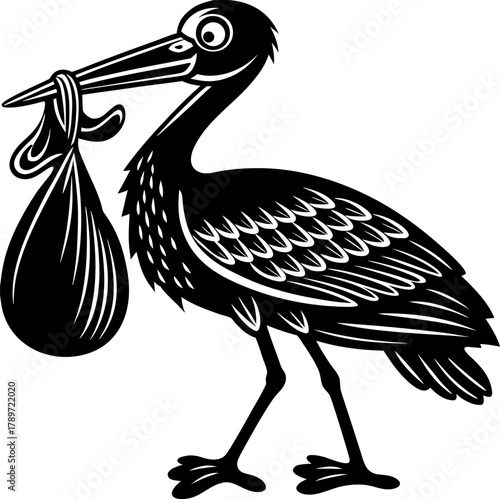 A cartoon stork, centered and in profile, strides purposefully from left to right. The stork is illustrated in black and white, featuring a long, pointed beak and large, expressive eyes. It carries a 