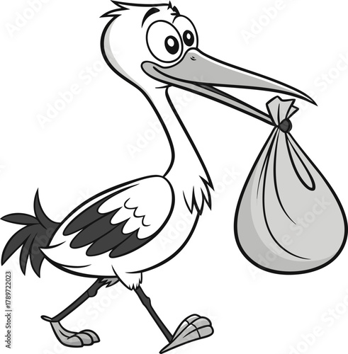 A cartoon stork, centered and in profile, strides purposefully from left to right. The stork is illustrated in black and white, featuring a long, pointed beak and large, expressive eyes. It carries a 