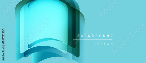 Abstract book shape, layered blue gradients. Minimalist design with text elements. Clean background, modern aesthetic.