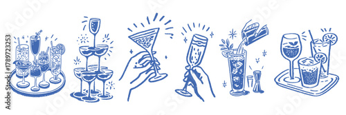 Hand drawn cocktail and champagne illustrations for celebration, party, wedding, and festive holiday events