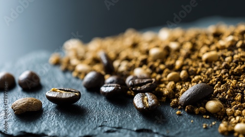 Coffee beans and ground coffee, roasted, on a dark slate surface, close-up with selective focus, copy space.