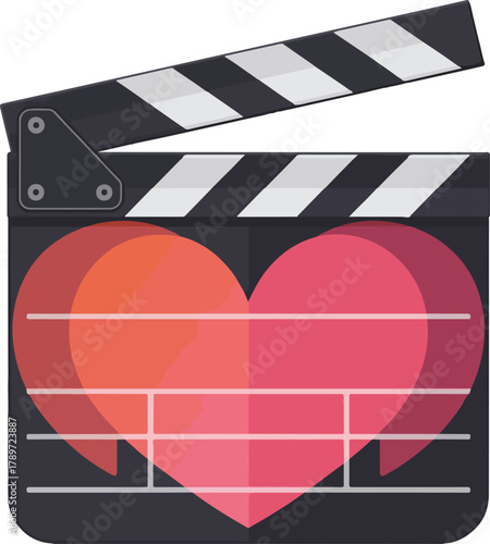 Vector movie clapperboard with a large red heart overlay symbolizing romantic film production