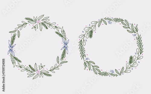 Christmas wreath border frame line art style with branches, winter floral element. Minimalist vintage frame perfect for card, cover, greeting or cover.