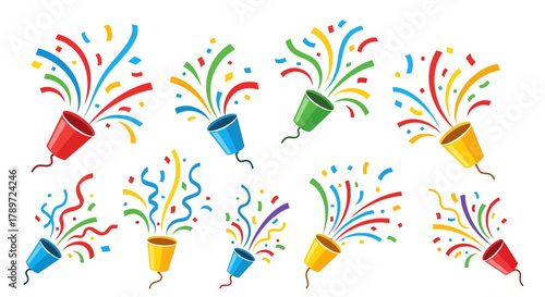 Ten colorful party poppers each with different colored containers  confetti