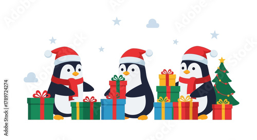 Three penguins in Santa hats stand among colorful Christmas presents and a small Christmas tree