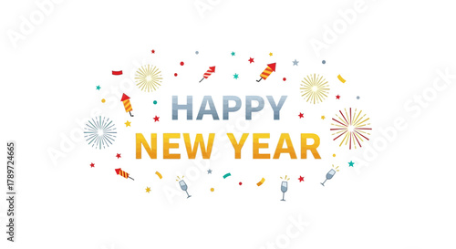 A celebratory image with HAPPY NEW YEAR surrounded by confetti fireworks and champagne glasses