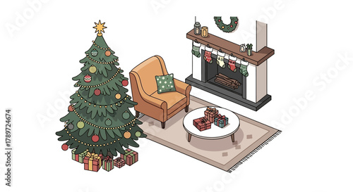 A Christmas living room features a tree armchair fireplace rug  presents