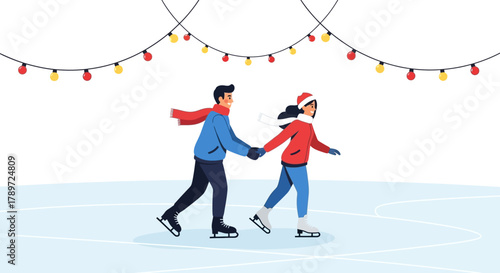 A couple ice skating under Christmas lights holding hands on a blue ice surface