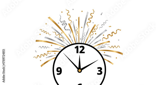 A clock shows near 12 amid goldsilver streamersconfetti on a white background suggesting New Years Eve