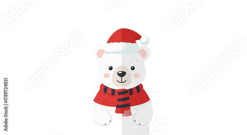 A cute polar bear wearing a Santa hat and scarf