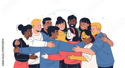 A diverse group of people embrace smiling creating a tight friendly huddle