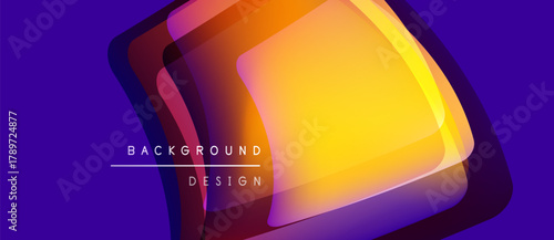 Abstract geometric shapes overlap, creating vibrant gradient effect. Orange, purple hues dominate composition. Modern design element.