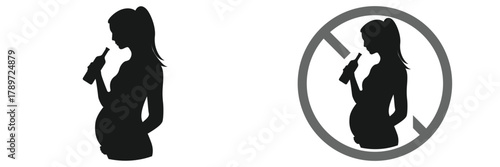 No Alcohol During Pregnancy Vector Signs – Silhouette Icons for Pregnant Women Awareness, vector illustration.