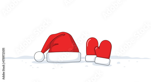 A red Santa hat and red mittens rest on a snowy surface against a white background
