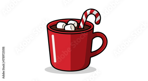 A red mug with hot chocolate marshmallows and a candy cane