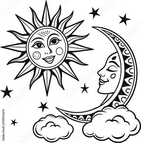 A black and white illustration presents a celestial scene, featuring stylized sun and moon faces. The composition centers on three main elements two suns and a crescent moon. The suns are rendered wit