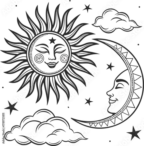 A black and white illustration presents a celestial scene, featuring stylized sun and moon faces. The composition centers on three main elements two suns and a crescent moon. The suns are rendered wit