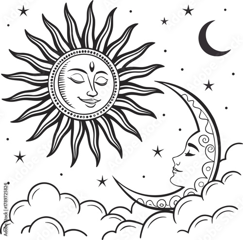 A black and white illustration presents a celestial scene, featuring stylized sun and moon faces. The composition centers on three main elements two suns and a crescent moon. The suns are rendered wit