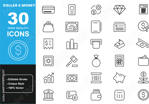Minimalist dollar and money icons 30 high quality outline set with editable stroke. Containing wallet, coin, credit card, bank, piggy bank, diamond, calculator and more. Thin linear vector icons.