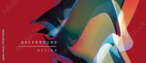 Abstract fluid shapes overlap, creating vibrant color gradients. Red background emphasizes dynamic design elements. Modern, artistic composition.