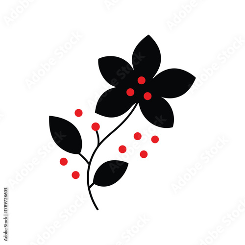 Stylized black flower with red berries and leaves minimal art