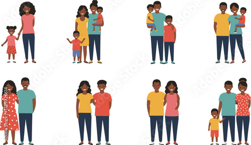 Diverse family illustrations, cartoon parents and children, multicultural family units, modern parenting, inclusive family concept, happy families, vector characters, lifestyle