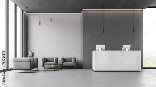 Modern Office Reception Area, Minimalist Design with Concrete Reception Desk, Lounge Chairs, Large Windows with City View, Spacious Interior, copy space
