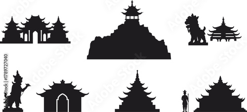 East Asian architecture silhouette, pagoda, temple, guardian statue, traditional gate, cultural landmark, vector illustration, heritage design, black icon set