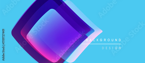 Abstract geometric shapes overlap, creating vibrant color gradients. Blue background complements purple, pink hues. Modern design element.
