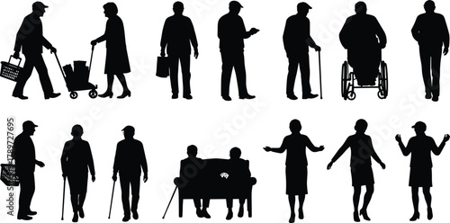 Elderly silhouettes, senior people walking, mobility aid, wheelchair, cane, aging lifestyle, retirement, healthcare, community, outdoor activity, support, independence