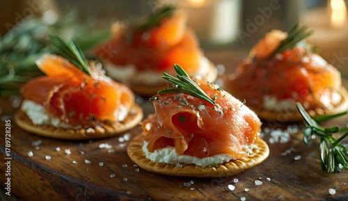 Smoked salmon appetizers on crackers