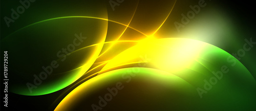Abstract vibrant lines, curves, yellow glow. Green dominates background, creating dynamic visual effect. Brightness contrasts dark space.