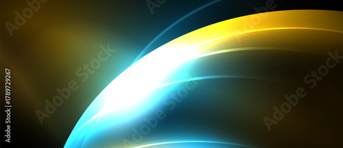 Abstract vibrant curves, glowing light. Yellow, blue hues blend into dark background. Smooth gradients create dynamic visual effect.