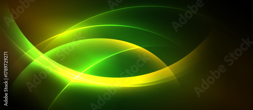 Abstract design features flowing green, yellow curves. Bright light emanates from center, creating dynamic visual effect. Dark background enhances luminosity.