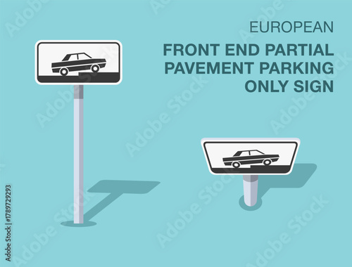 Traffic regulation rules. Isolated european "front end partial pavement parking only" road sign. Front and top view. Flat vector illustration template.