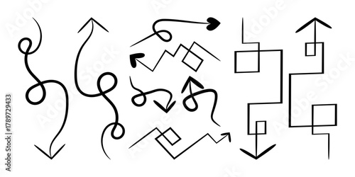 Seamless vector pattern design set with black arrow symbols and icons.