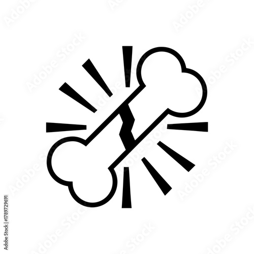 Stylized broken bone with radial lines in black and white on transparent background