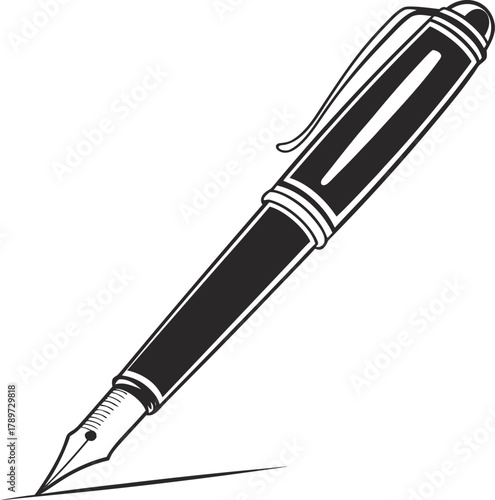 A black and white image features a ballpoint pen. The pen is positioned diagonally from the upper right to the lower left of the frame. The body of the pen is cylindrical, with a cap on the top and a 