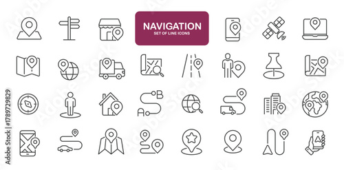 Set of line icons related to location, map, navigation. Outline icons collection