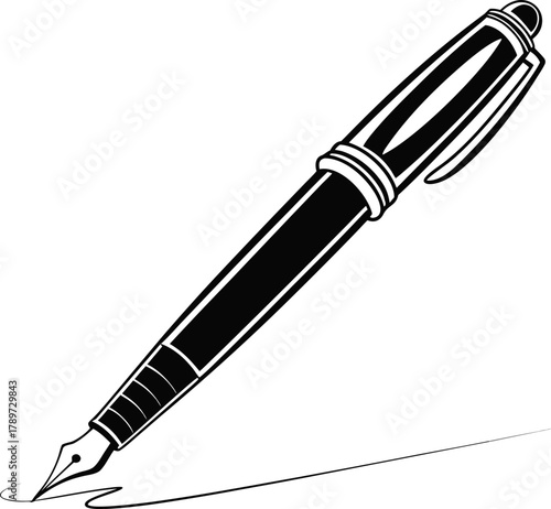 A black and white image features a ballpoint pen. The pen is positioned diagonally from the upper right to the lower left of the frame. The body of the pen is cylindrical, with a cap on the top and a 