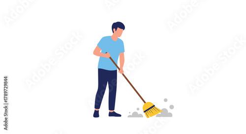 Young man diligently sweeping floor creating clean and tidy space for home or office